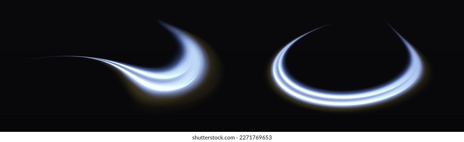 Dynamic sparkle waves. Blue glowing motion line. Luminous lines of speed. Light sparkling effect. Magic speed flying trails of shine, bright shimmer particles fly. Vector illustration.