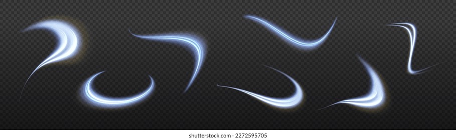 Dynamic sparkle waves. Blue glowing motion line. Light sparkling effect. Magic speed flying trails of shine, bright shimmer particles fly. Luminous lines of speed. Vector illustration.