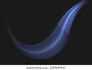 Dynamic sparkle waves. Blue glowing motion line. Light sparkling effect. Magic speed flying trails of shine, bright shimmer particles fly. Luminous lines of speed. Vector illustration.
