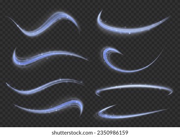 Dynamische Funkelwellen. Blauleuchtende Bewegungslinie. Lichtfunkelnde Wirkung. Zaubergeschwindigkeit fliegende Pfade glänzender, heller Schimmer-Partikel fliegen. Leuchtende Geschwindigkeitslinien. Vektorgrafik.