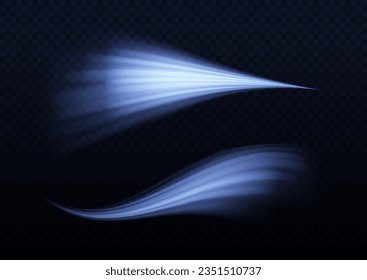 Dynamic sparkle waves. Blue glowing motion line. Light sparkling effect. Magic speed flying trails of shine, bright shimmer particles fly. Luminous lines of speed. Vector illustration.