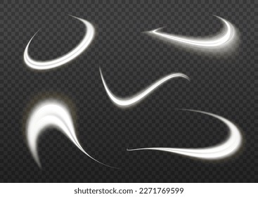 Dynamic sparkle waves. White glowing motion line. Luminous silver lines of speed. Light sparkling effect. Magic speed flying trails of shine, bright shimmer particles fly. Vector illustration.
