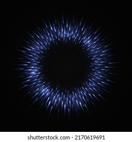 Dynamic sparkles blue lines. Circle bright rays star light. Falling twinkle lights on transparent background.