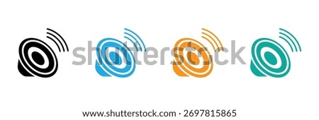 Dynamic speaker icons in four distinct colors emit sound waves, offering versatile visual solutions for audio, tech, and communication themes.