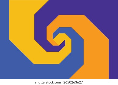 A dynamic spiral design composed of interlocking, geometric shapes in vibrant yellow, orange, and blue hues.
