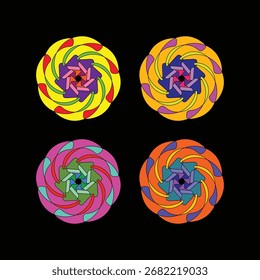 Un diseño dinámico en espiral con patrones circulares en capas en tonos amarillo, naranja, rosa y rojo, perfecto para Elementos decorativos, identidad visual y aplicaciones artísticas.