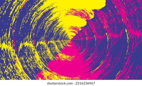 dynamic spiral pattern with grunge texture in vibrant neon yellow, pink, and blue hues. The energetic blend of colors and textures creates a bold and edgy visual