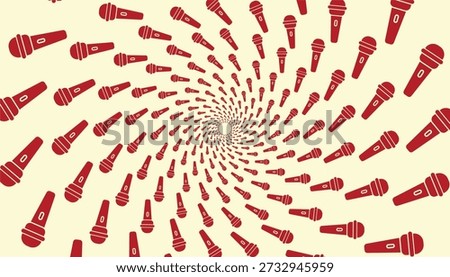 Dynamic spiral of red microphone icons perfect for music, podcasting, and media projects.