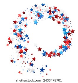 Dynamic spiral of red, white, and blue stars on a white background, symbolizing American pride and celebration.