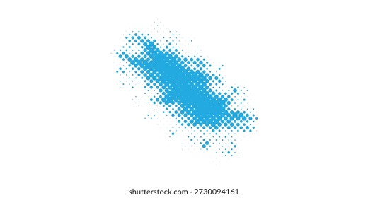 A dynamic splash of blue dots forming an abstract shape with a halftone effect on a clean white background.