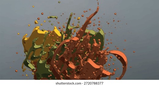 A dynamic splash of colorful liquids, featuring swirling patterns and energetic movement against a neutral background.