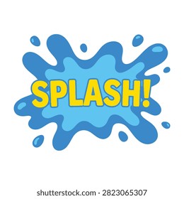 Dynamic splash text sign featuring a bright yellow word inside a blue water liquid splatter shape. Perfect for summer themes, pool parties, and fun cooling designs.