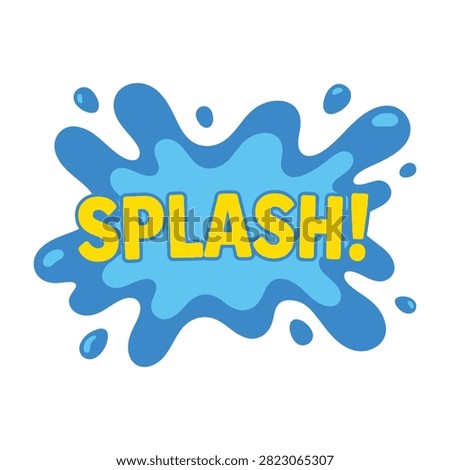 Dynamic splash text sign featuring a bright yellow word inside a blue water liquid splatter shape. Perfect for summer themes, pool parties, and fun cooling designs.