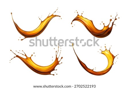 Dynamic splashes of golden oil on white background. Golden liquid splashes. Vector illustration
