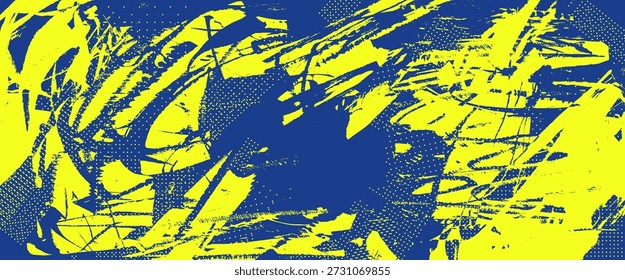 Dynamic sport background with abstract brush strokes and grunge texture. Urban street wall design featuring ink splatter effects and vibrant sporty elements for modern posters. Vector blue yellow bg.