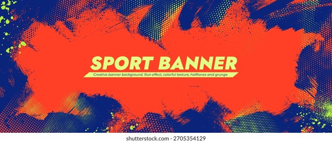 Fondo dinámico del deporte con el marco del rasguño y el modelo del semitono. Grunge punk textura roja, azul y amarilla. Efectos de salpicaduras vibrantes, pinceladas bruscas y audaces. Fondo de Anuncio deportivo con lugar de texto