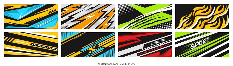 Dynamic sport backgrounds. Energetic abstract lightning, extreme racing fast lines, claw scratches, futuristic tech shapes and fire flames backdrops vector set.