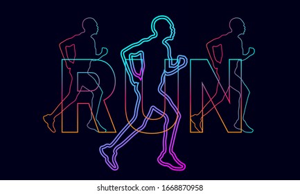 Dynamic Sport Banner. Line Silhouettes Of People Running. Minimal Template Design For Poster, Cover, Brochures, Flyers, Presentations, Logo, Print, Leaflet On The Dark Background. Healthy Lifestyle