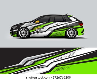Diseño dinámico del abrigo del coche del hatchback del deporte con los Elementos de carreras verdes, negros y blancos. Ilustración de envoltura de vinilo de alta energía adecuada para temas de automovilismo, coches de deriva y la marca de vehículos de rendimiento.