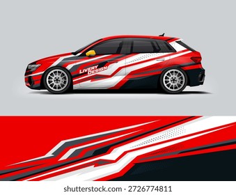 Esporte dinâmico hatchback carro embrulhar ilustração com vermelho e branco padrões de corrida angular. Design profissional de envoltório de vinil para personalização automotiva, visuais de corrida e uso promocional.
