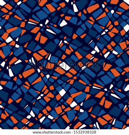 Dynamic sport style orange and night blue color seamless pattern for background, fabric, textile, wrap, surface, web and print design. Abstract rounded stone shapes tile rapport.
