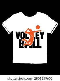 Dynamic sports graphic design featuring an orange silhouette of a volleyball player midjump with a ball and the word VOLLEYBALL printed below on a white tshirt mockup