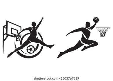 Dynamic Sports Logo Design Featuring Basketball Dunk Silhouettes.