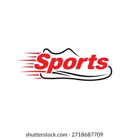 Logotipo deportivo dinámico con una tipografía atrevida con un contorno de zapatillas de running y líneas de velocidad de movimiento. Logotipo atlético moderno adecuado para marcas deportivas, empresas de fitness, clubes de atletismo, etiquetas de ropa activa, gimnasios, marcas de calzado y proyectos de marketing atlético. Logotipo limpio del Vector aislado en el fondo blanco.