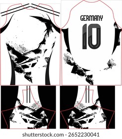 Dynamic sports uniform vector template inspired by Germany, featuring a bold black-and-white abstract texture resembling brush strokes and geometric fragments. Set on a medium-size (M) sportswear mold