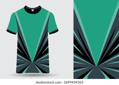 Dynamic sportswear t-shirt design template featuring geometric pattern, custom athletic apparel, fitness shirt design, and activewear for sports and team branding.