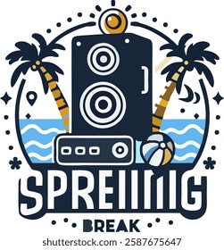 A dynamic Spring Break logo with a speaker, palm tree, and sunburst, designed for an energetic and lively beach party atmosphere