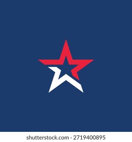 Emblema estelar dinámico con una audaz división de rojo vivo y blanco limpio, sobre un fondo marino sólido, que simboliza la fuerza, el patriotismo y la aspiración