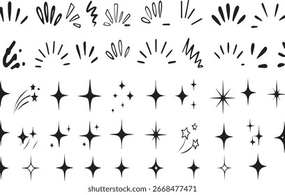 Dynamic starbursts and sparkling effects create an energetic and celebratory atmosphere, perfect for adding excitement and visual flair to any design project.