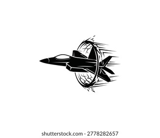 Dynamic of a stealth fighter jet breaking the sound barrier with circular shockwave effects silhouette isolated on a plain white background