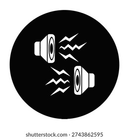 Dynamic stereo sound speakers emit powerful energy waves in a sleek minimalist black circular background for modern audio branding and tech presentations