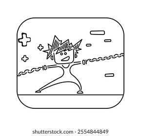 Dynamic stick figure with spiky hair pulling a chain, surrounded by geometric shapes. Perfect for action, energy, cartoon.