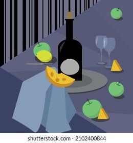 Dynamisches Stillleben. Wein, Käse, Früchte. Alkohol