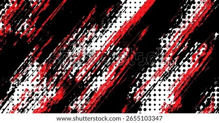 Dynamic streaks of black and red paint blend with halftone dots across a white backdrop, creating a bold, energetic abstract pattern that would be perfect for many creative projects