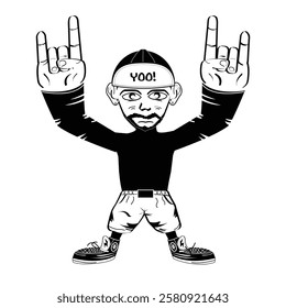 A dynamic street-style character in casual attire, rocking a cap with “YOO!” and expressive hand gestures. Full of energy and boldness, he exudes youthful vibes and confidence.