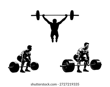 Conjunto de silueta de entrenamiento de fuerza dinámica con movimientos de levantamiento de pesas potentes