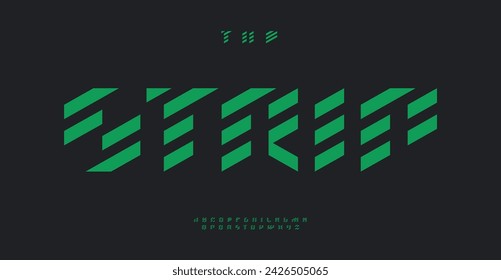 Dynamic stripes alphabet, modular sharp angles letters for futuristic tech urban branding. Abstract geometric font design for cyberpunk logo, movement typography. Vector typeset.