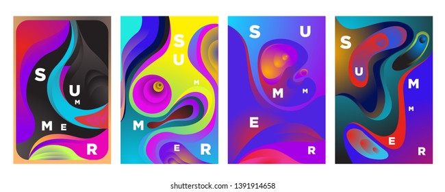 Dynamic style A4 size poster design concept. Fluid elements with bright gradient. Creative illustration for banner, web, landing, page, cover, ad, greeting, card, summer, print.