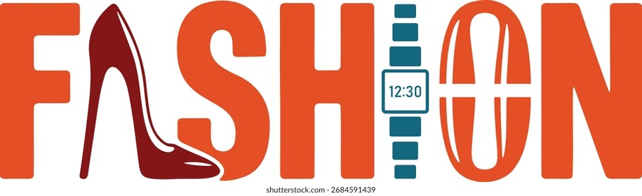 Ein dynamisches und stilvolles Design mit Typografie, einem modischen Schuh und einer eleganten Uhr.