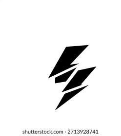 Un símbolo de rayo negro dinámico y estilizado, dividido en múltiples segmentos, se destaca sobre un fondo blanco limpio, transmitiendo energía y velocidad.