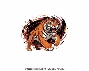 Dynamic stylized illustration features a fierce tiger in an aggressive