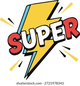 Dynamische SUPER-Comic-Wortdarstellung mit Blitzschlag und energischem Pop-Art-Stil. Fette Buchstaben, kräftige Kontrastfarben und saubere Vektorkonturen auf weißem Hintergrund. Ideal für Comics, Superhelden-Themen, Kinderdesigns, Poster, Branding-Elemente, Aufkleber, Werbegrafiken und kreatives visuelles Storytelling.