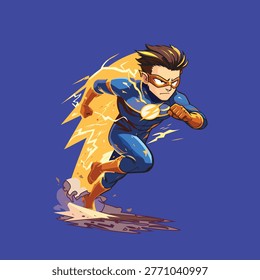 Dynamic superhero speedster illustration showing fast movement and powerful action.
movement and powerful action.
Comic-style hero character with energy effects and modern cartoon design.