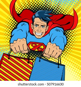 Dynamic superhero. Young handsome happy man in a superhero costume with a percent sign on the chest flies with shopping bags. Vector illustration in retro pop art comic style.