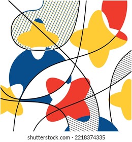Dynamic Suprematism Abstract Artwork in Yellow, Red, and Blue - Minimalistic Geometric Shapes and Black Lines for Modern Design and Interior Decor