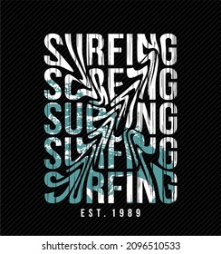 Dynamic " Surfing " Est. 1989 Typography with Wave Graphics for Vintage Surf Culture Designs